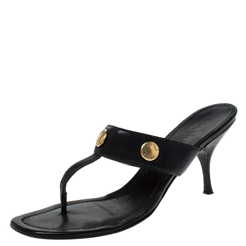 Prada Black Leather Studded Thong Sandals Size 38