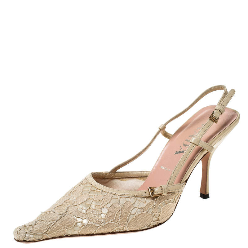 Pre Owned Prada Beige Lace/Satin Slingback Pointed Toe Sandals Size 36.5
