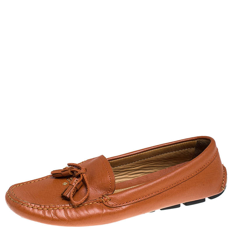 Pre Owned Prada Orange Saffiano Leather Bow Tassel Loafers Size 37