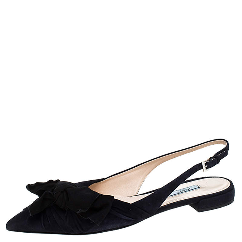 Pre Owned Prada Navy Blue Suede Bow Detail Slingback Flats Size 41