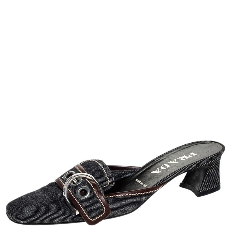 Prada Black Denim Buckle Mule Sandals 