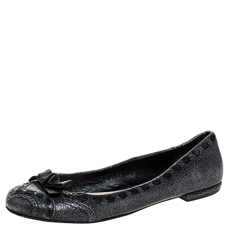 Prada Grey Textured Leather Bow Ballet Flats Size 39.5