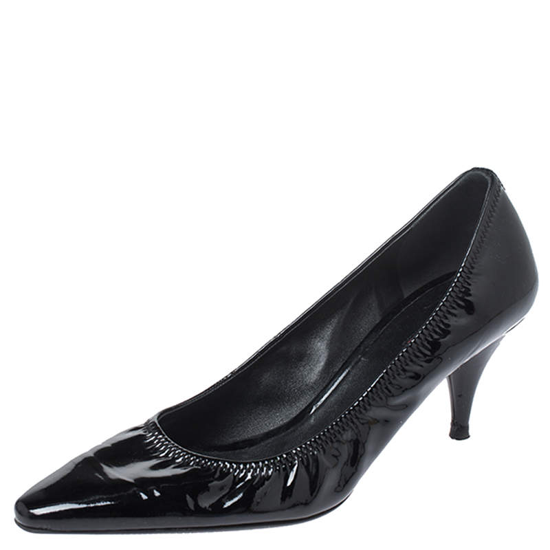 Pre Owned Prada Black Patent Leather Scrunch Pointed Toe Pumps Size 38.5