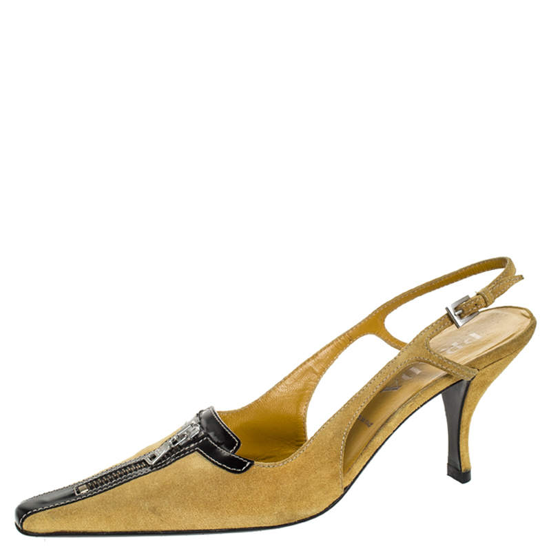 Prada Yellow Suede And Black Leather Zip Detail Pointed Toe Slingback  Sandals Size 38 Prada | TLC