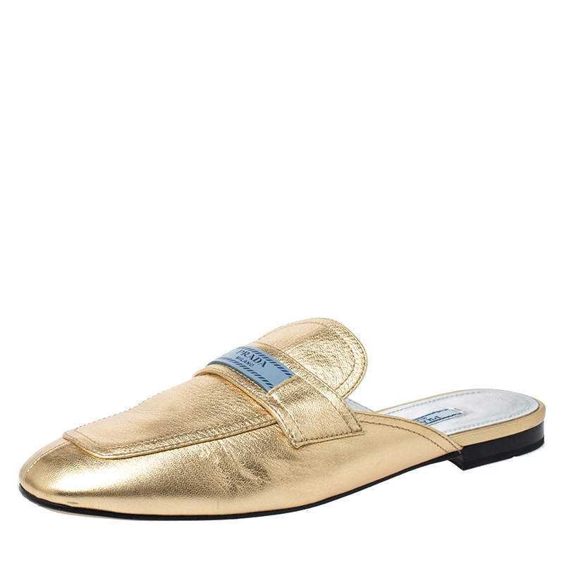 Pre Owned  Prada Metallic Gold Leather Mule Flat Slides Size 40