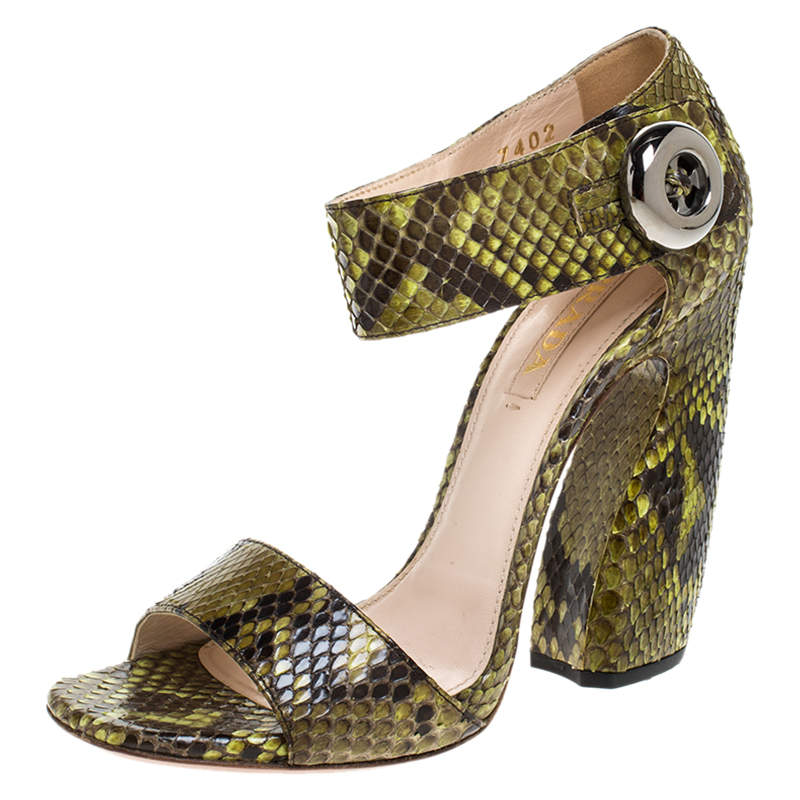Prada Multicolor Python Leather Block Heel Ankle Strap Sandals Size 38