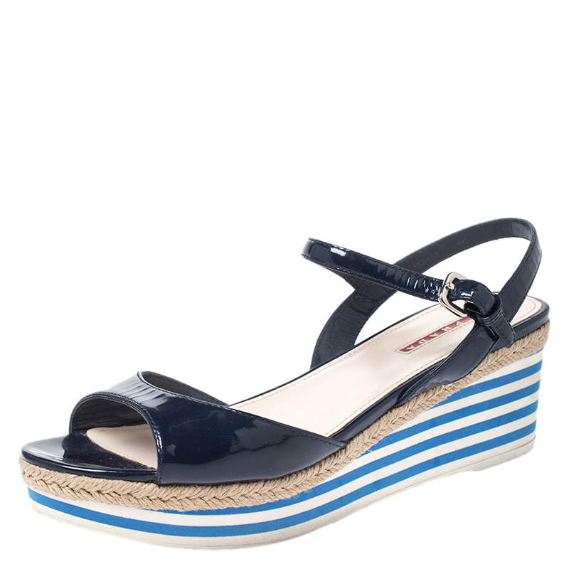 Pre Owned Prada Navy Blue Patent Leather Platform Stripe Wedge Ankle Strap Sandals Size 40