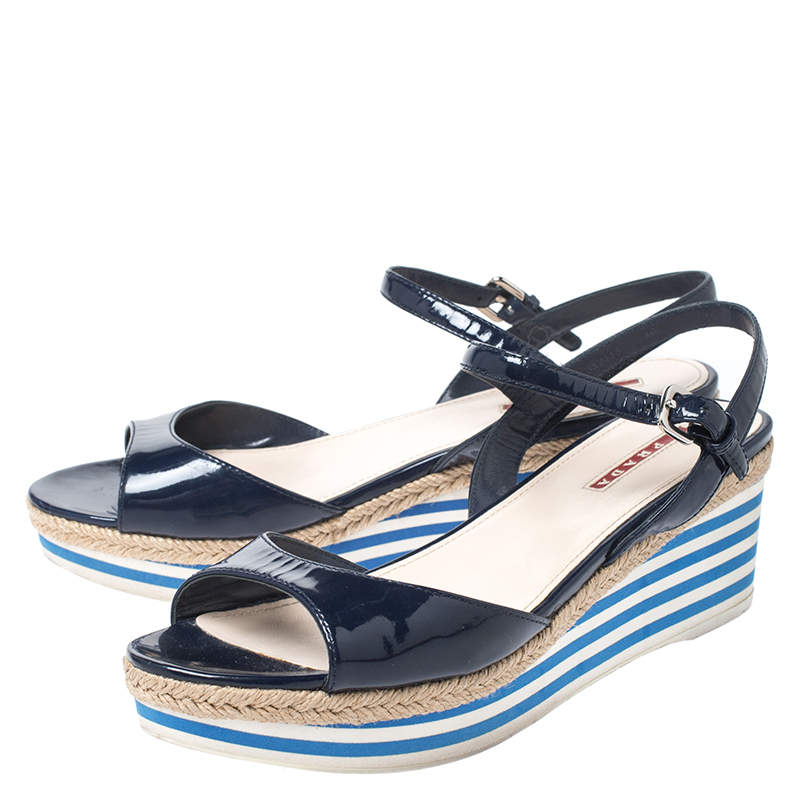 Prada Navy Blue Patent Leather Platform Stripe Wedge Ankle Strap Sandals  Size 40 Prada | TLC