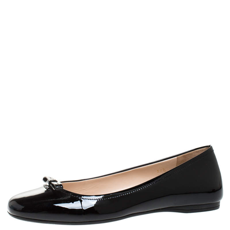 Pre Owned Prada Black Patent Leather Bow Ballet Flats Size 37.5