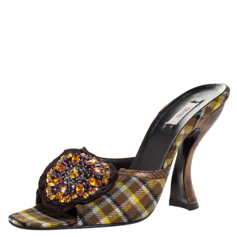 Prada Multicolor Crystal Embellished Check Fabric Slide Sandals Size 37.5