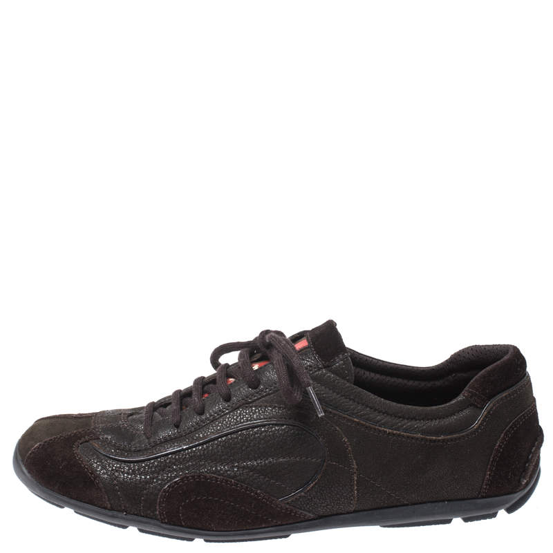 Pre Owned Prada Dark Brown Leather and Suede Lace Up Low Top Sneakers Size 38