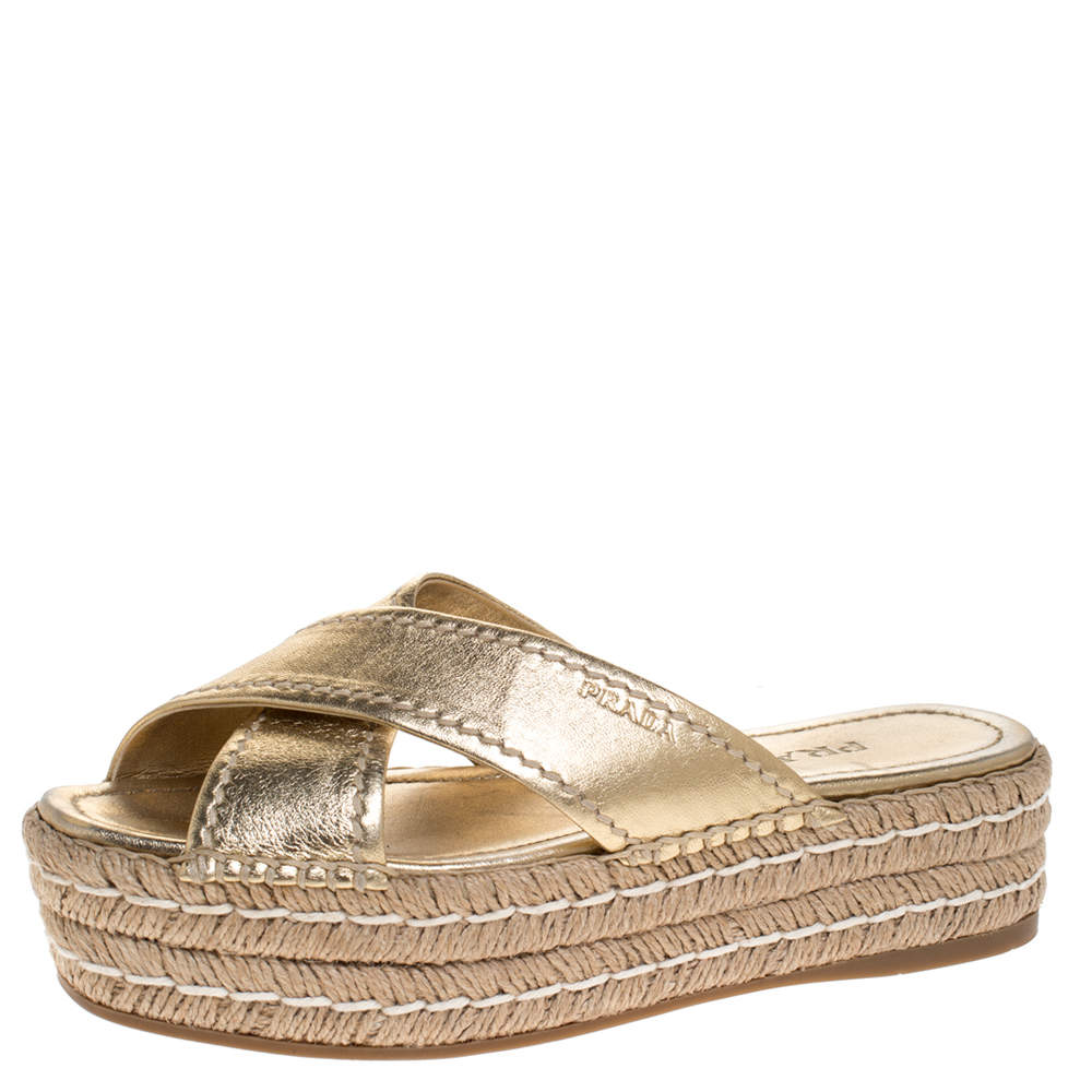 Prada Metallic Gold Leather Cross Strap Espadrille Platform Slides Size 37.5