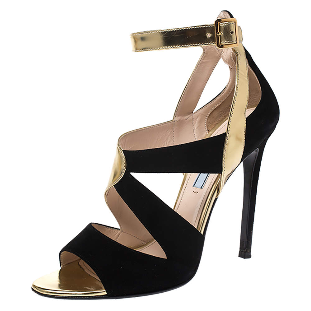 Prada Black/Gold Cut Out Patent Leather and Suede Ankle Strap Sandals Size 38.5