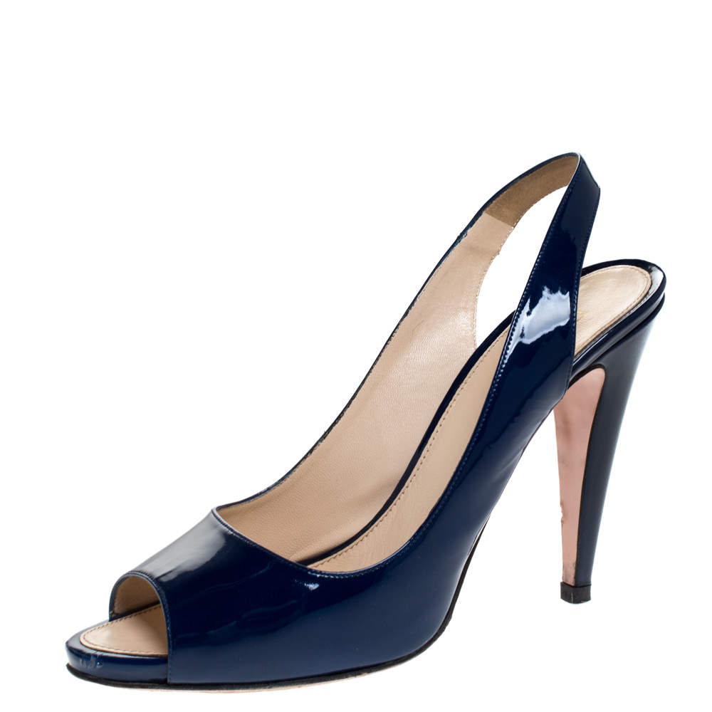 Prada Blue Patent Leather Peep Toe Slingback Sandals Size 40