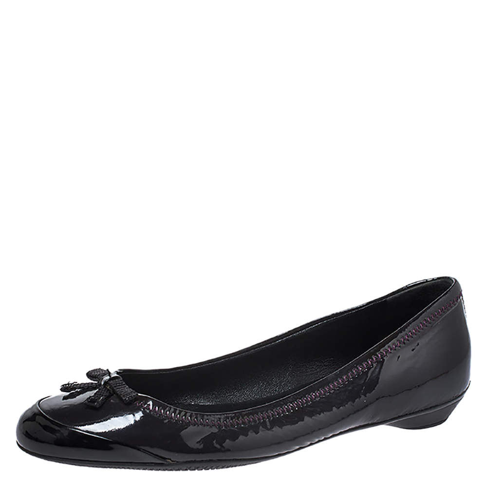 Pre Owned Prada Dark Purple/Black Patent Leather Bow Detail Ballet Flats Size 35