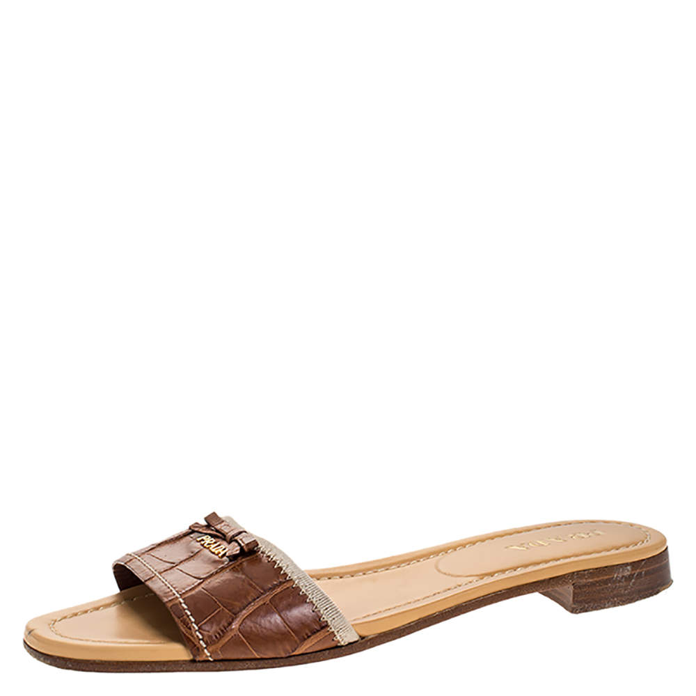 Pre Owned Prada Brown Croc Embossed Leather Bow Flat Slides Size 39