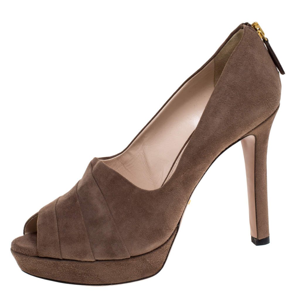 Pre Owned Prada Beige Pleated Suede Peep Toe Pumps Size 38