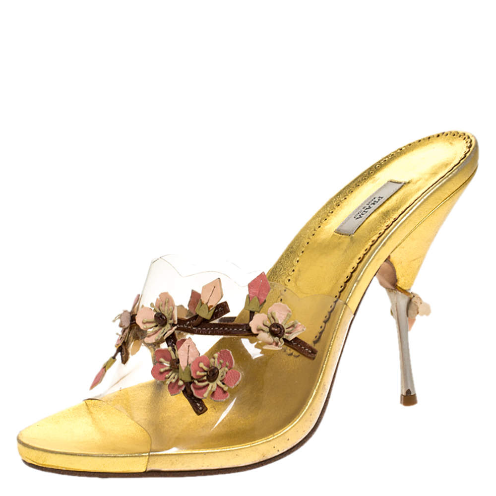 Prada Metallic Gold Leather And PVC Leather Flower Embellished Slide Sandals Size 39.5