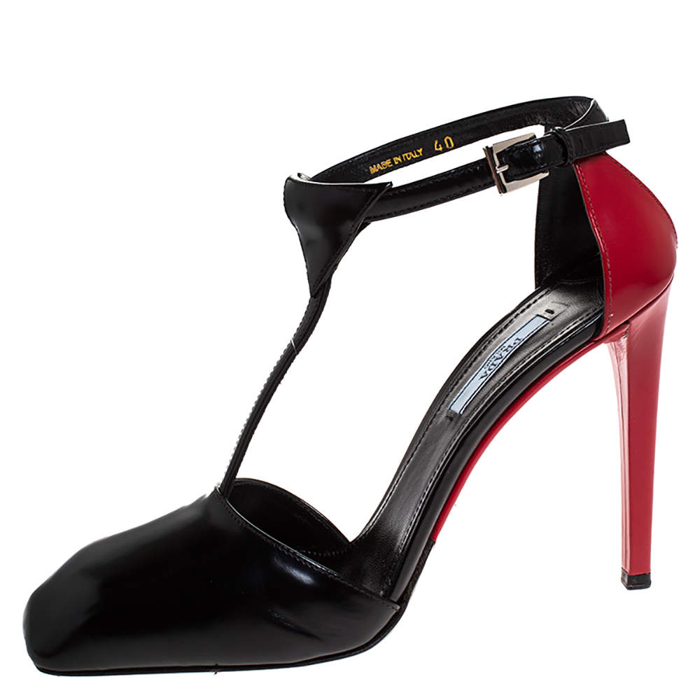  Prada Red/Black Leather Square Toe Ankle Strap Pumps Size 40