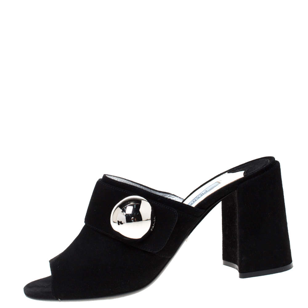 Pre Owned Prada Black Suede Silver Ball Accent Block Heel Mule Sandals Size 38.5