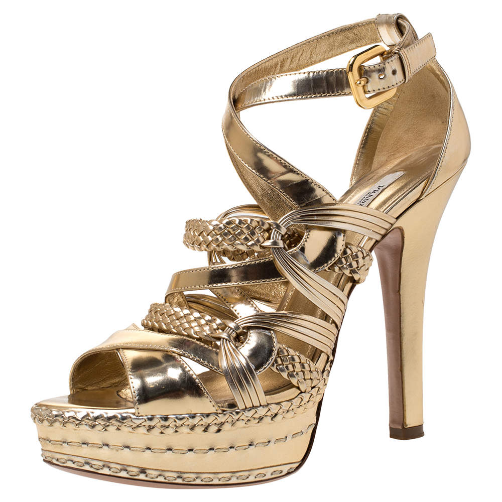 Prada Metallic Gold Leather Open Toe Ankle Strap Platform Sandals Size ...