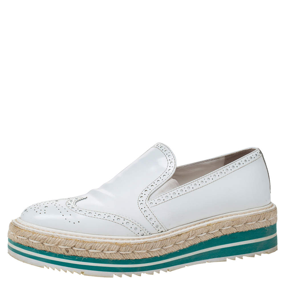 Pre Owned Prada White Brogue Leather Espadrille Platform Flat Loafer Size 38.5