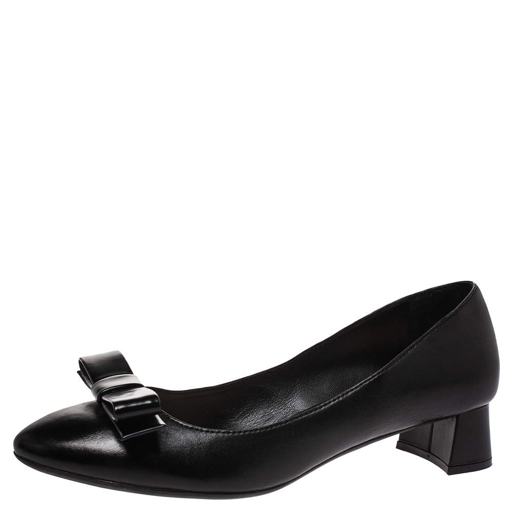 Pre Owned Prada Black Leather Bow Detail Block Heel Pumps Size 37.5