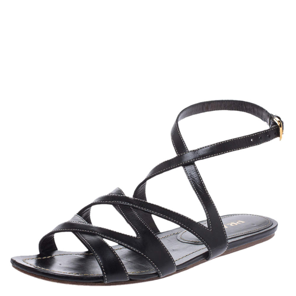 Prada Black Leather Strappy Ankle Strap Flat Sandals Size 37