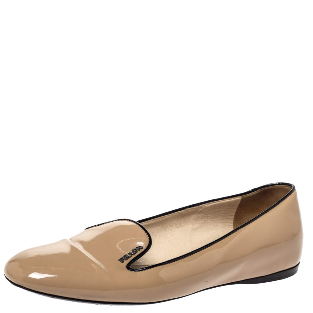 Pre Owned Prada Beige Patent Leather Smoking Slipper Flats Size 37