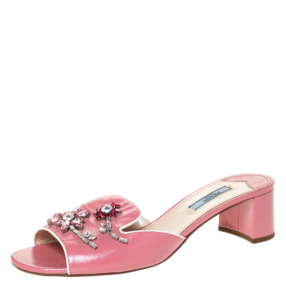 Prada Pink Patent Leather Flower Crystal Embellished Slide Sandals Size ...