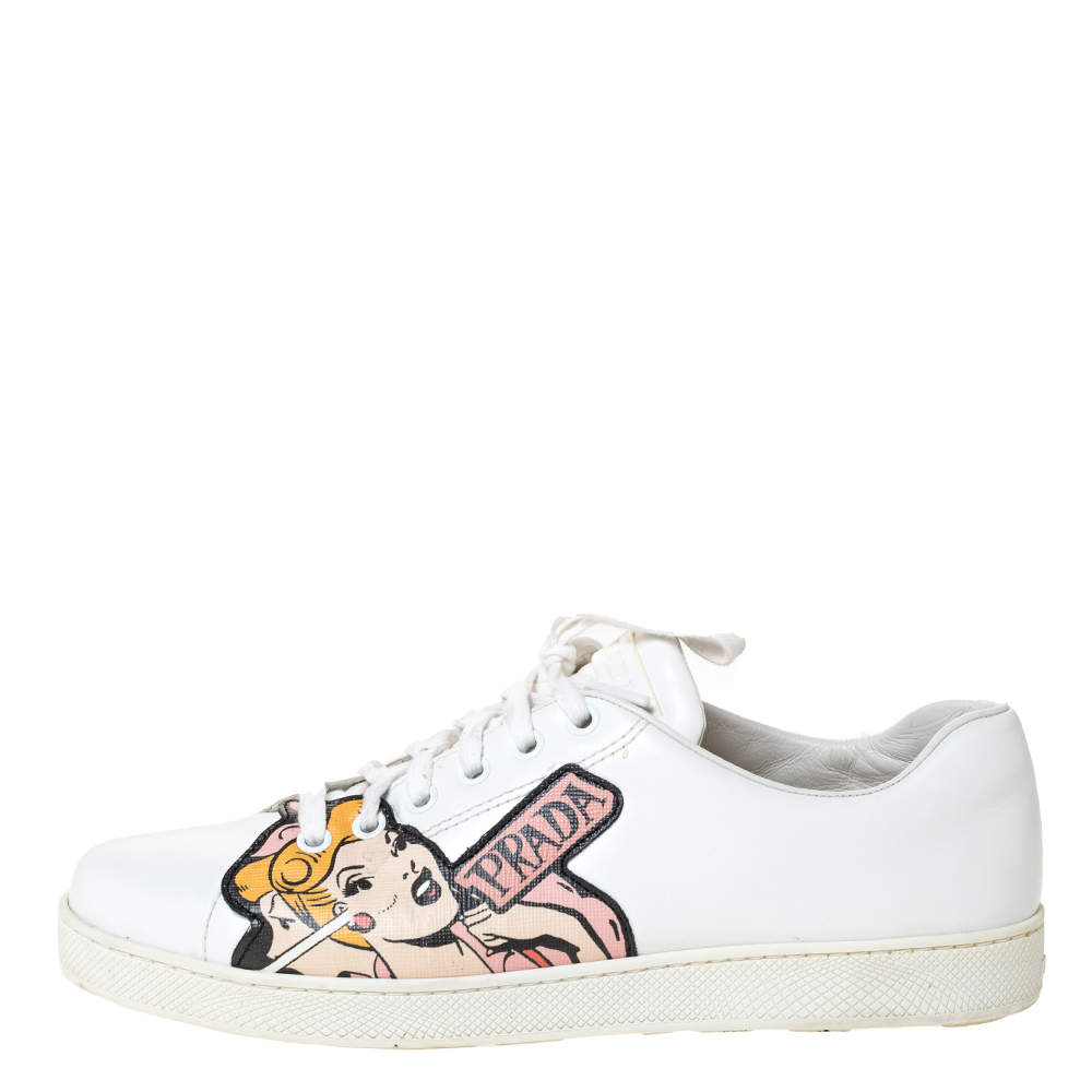 Prada White Leather Comics Patch Lace Up Low Top Sneakers Size Prada TLC