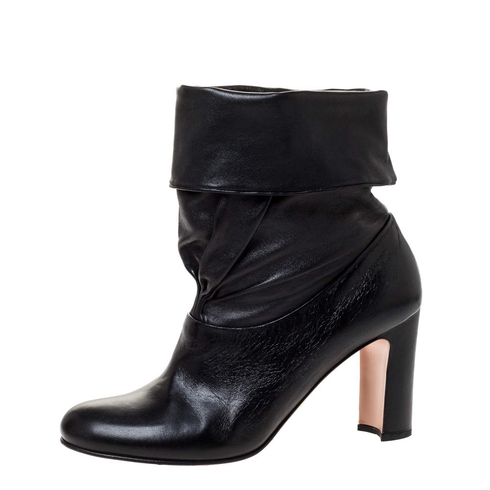 Pre Owned Prada Black Leather Fold Over Ankle Booties Size 37.5