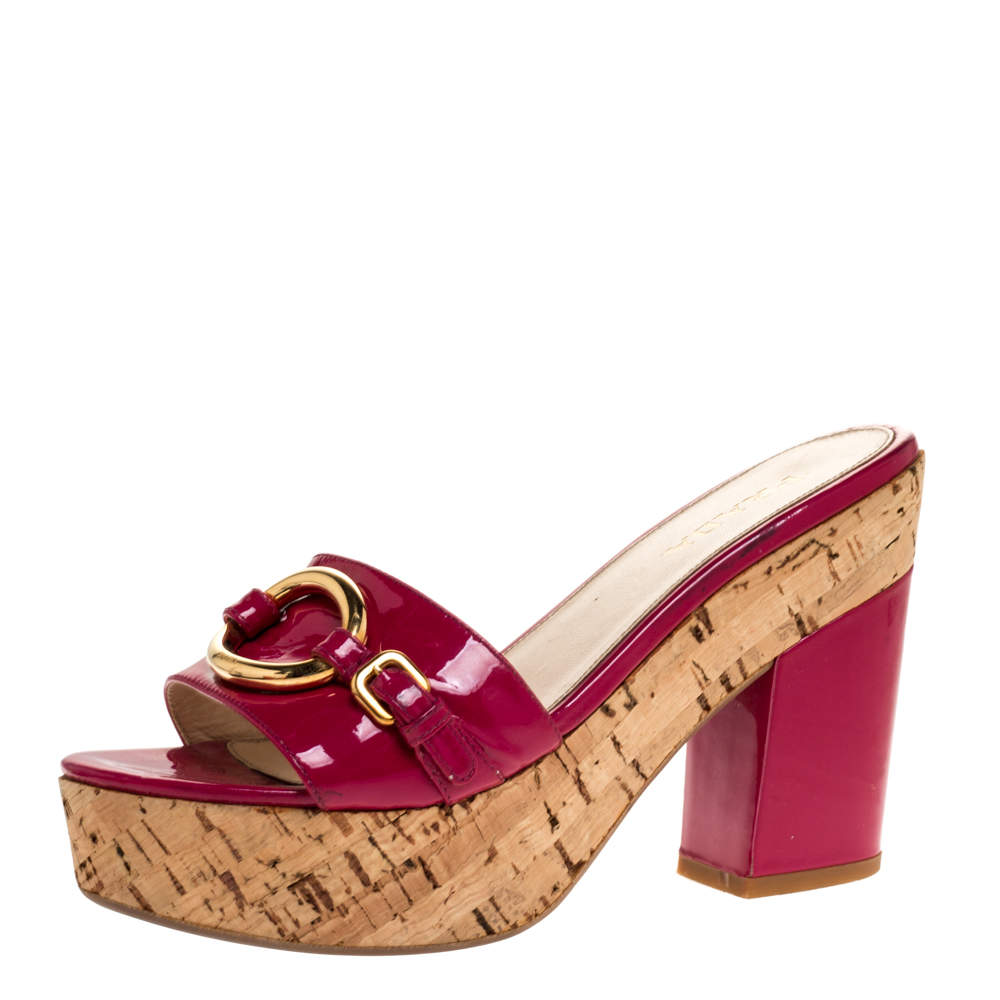 Pre Owned Prada Pink Patent Leather Embellished Open Toe Cork Platform Block Heel Sandals Size 38