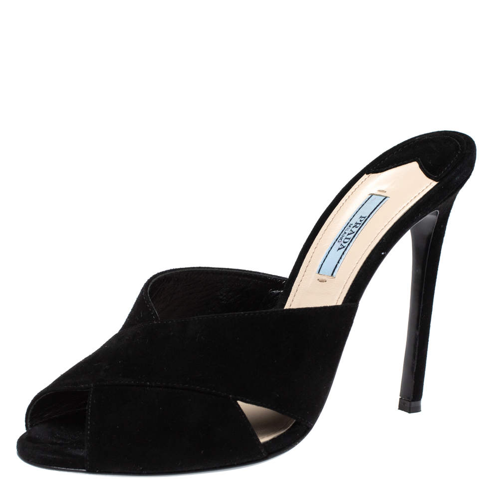 Pre Owned Prada Black Suede Criss Cross Slide Sandals Size 39