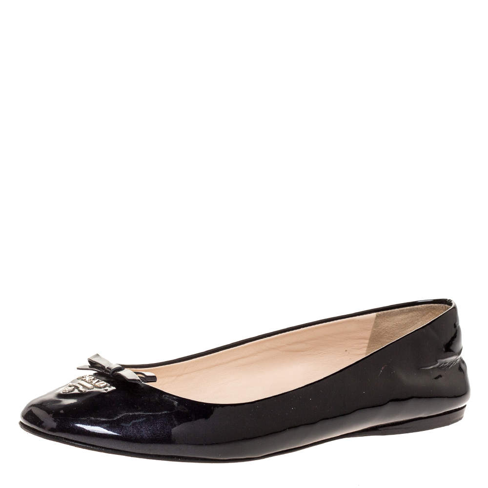 Pre Owned Prada Black Patent Leather Logo Bow Ballet Flats Size 37