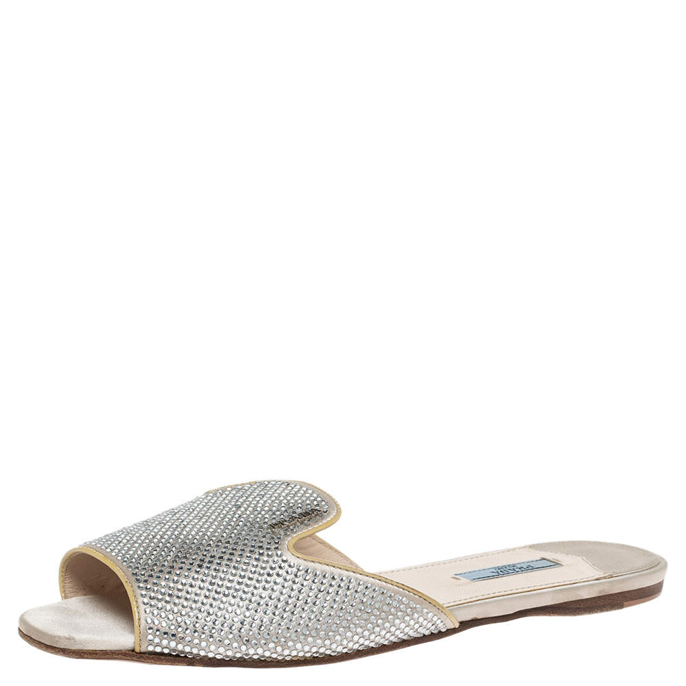 Pre Owned Prada Grey Satin Crystal Embellished Flat Slides Size 40.5