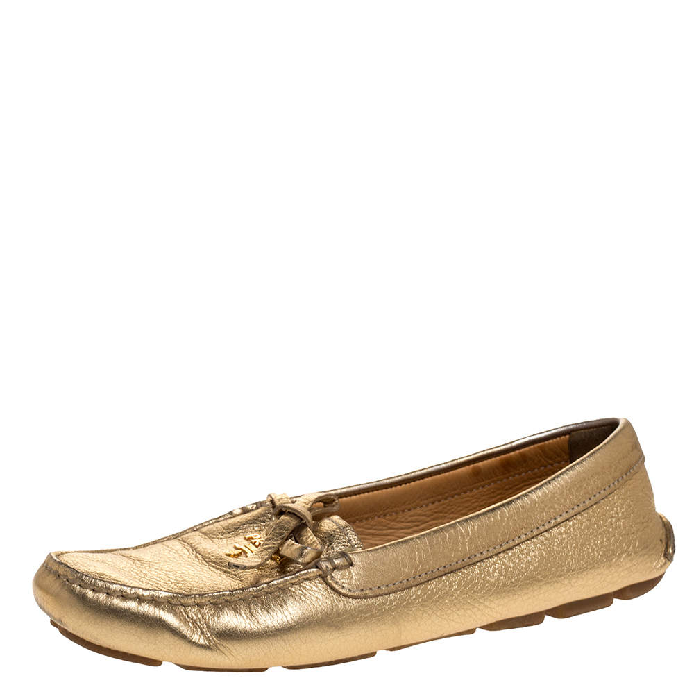 Prada Metallic Gold Leather Bow Slip On Loafers Size  Prada | TLC