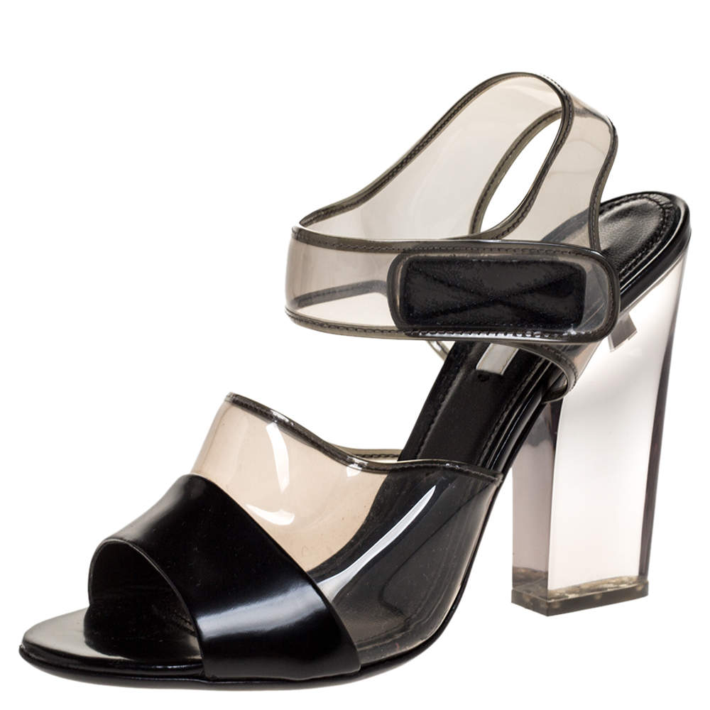 Prada Black Leather And PVC Ankle Strap Lucite Heel Sandals Size 37 Prada |  TLC