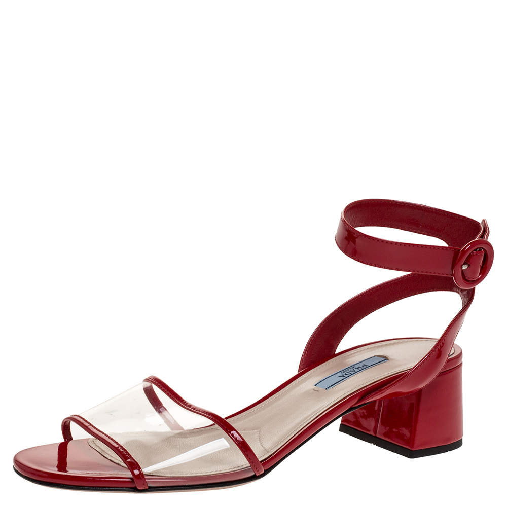 Pre Owned Prada Red Patent and PVC Ankle Strap Block Heel Sandals Size 39.5
