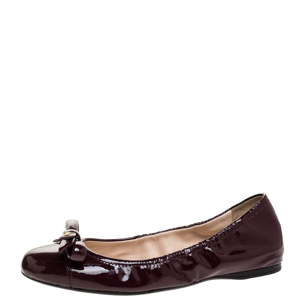 Pre Owned Prada Burgundy Patent Leather Bow Ballerina Flats Size 38