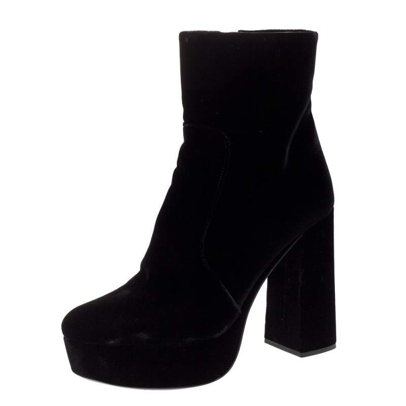 Pre Owned Prada Black Velvet Block Heel Platform Ankle Boots Size 38.5