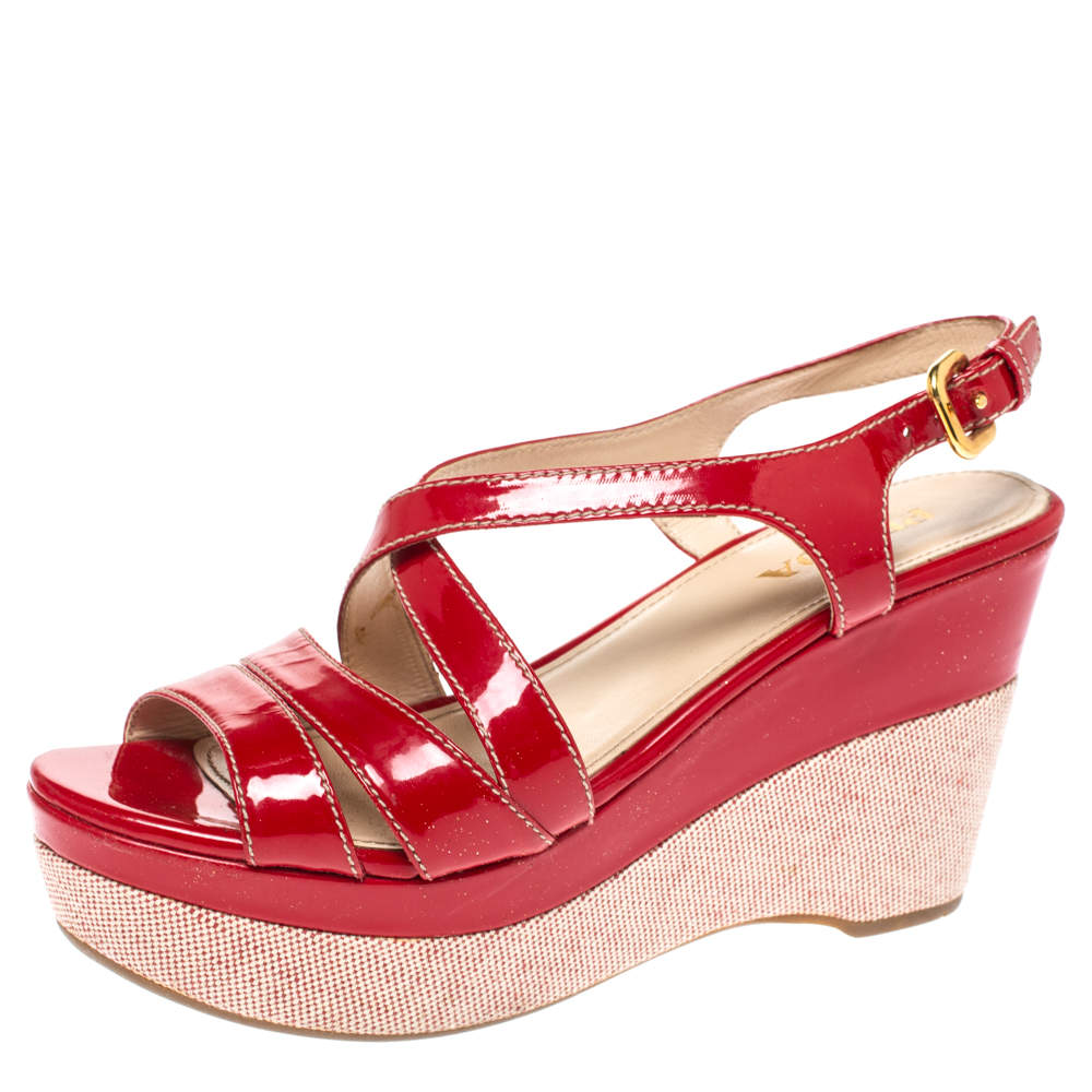 Pre Owned Prada Red Patent Leather Platform Wedge Sandals Size 37.5