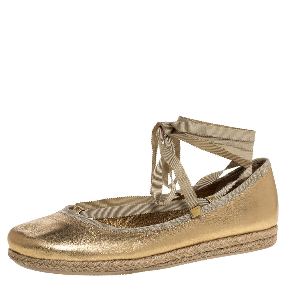 Pre Owned Prada Metallic Gold Leather Wrap Up Espadrille Flats Size 38