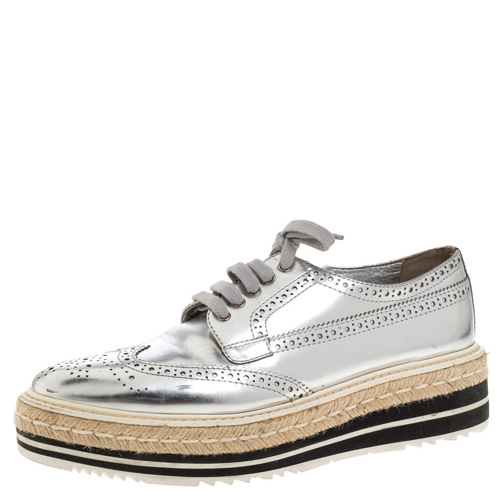 Prada Silver Glossy Brogue Leather Derby Espadrille Sneakers Size 39.5
