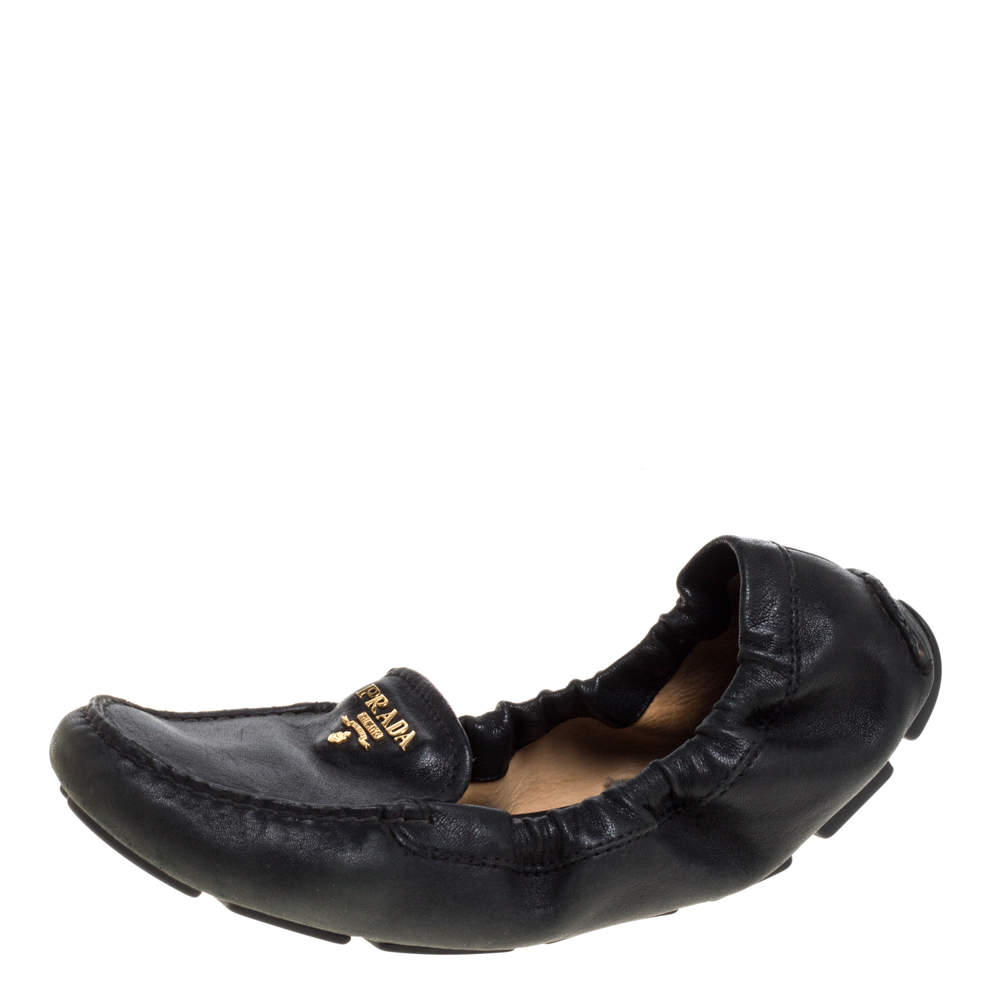 Prada Black Leather Loafers Ballet Flat Size 37.5