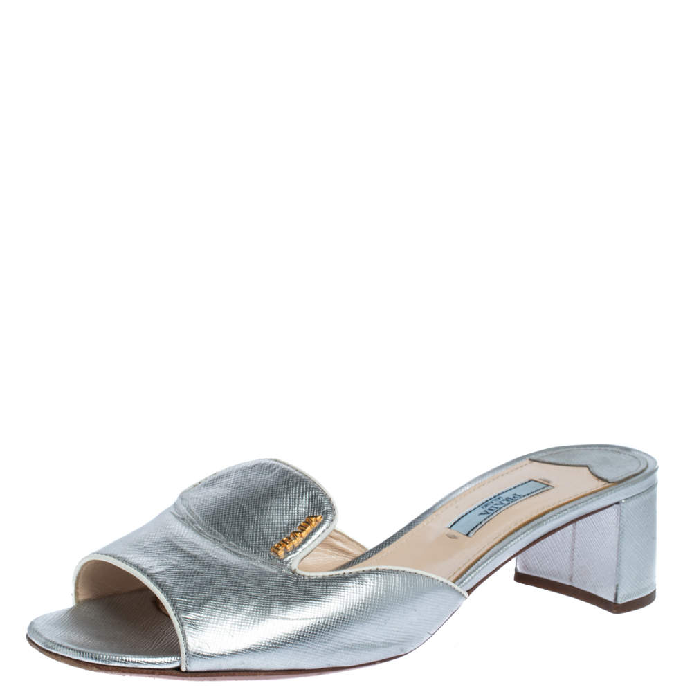 Prada Silver Saffiano Leather Block Heel Slide Sandals Size 39
