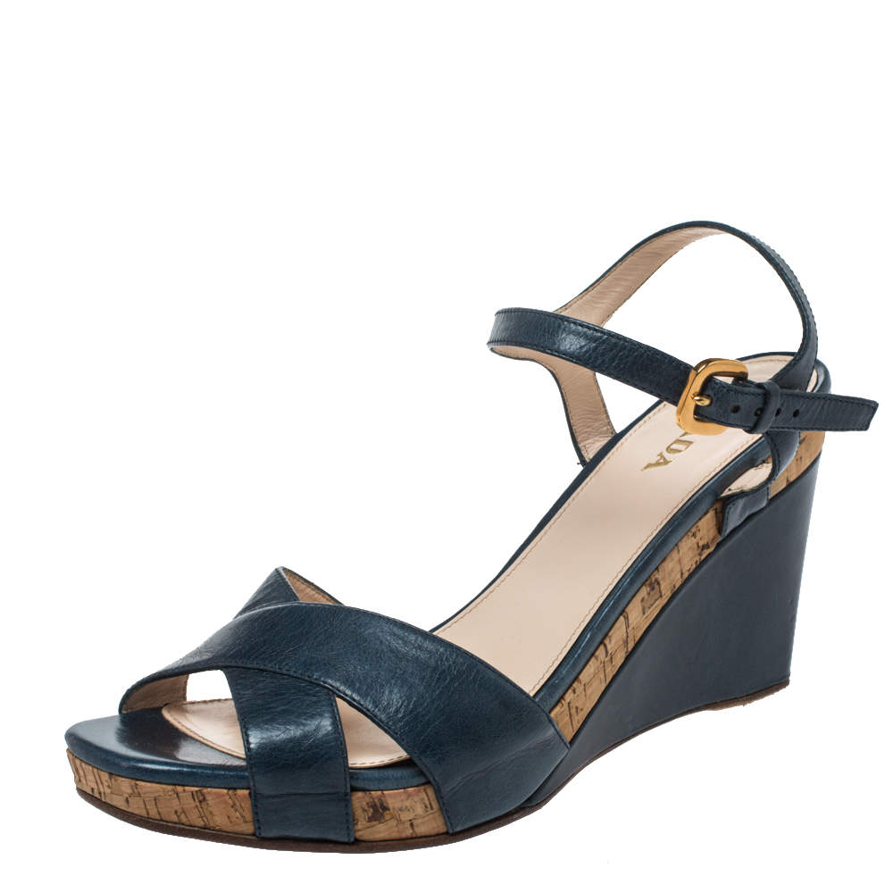 Pre Owned Prada Blue Criss Cross Leather Ankle Strap Wedge Sandals Size 41