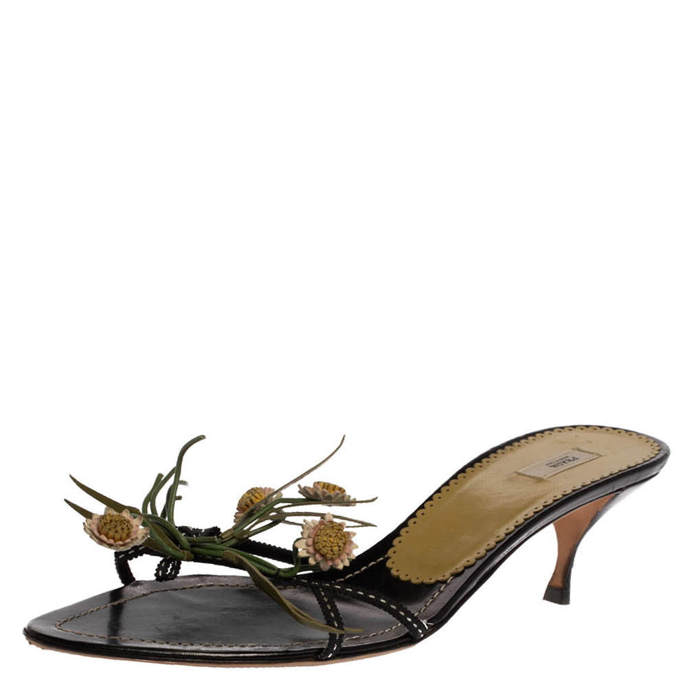 Pre Owned Prada Black Fabric And Multicolor Leather Floral Applique Embellished Sandals Size 41