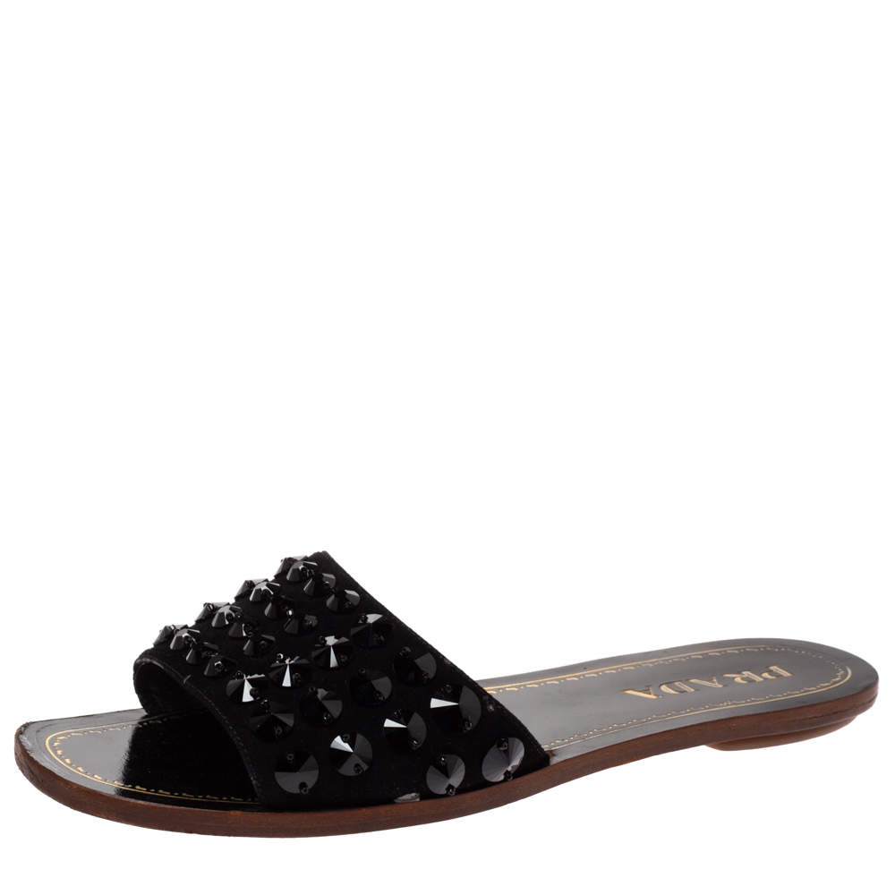 Prada Black Suede Leather Embellished Flat Slides Size 35