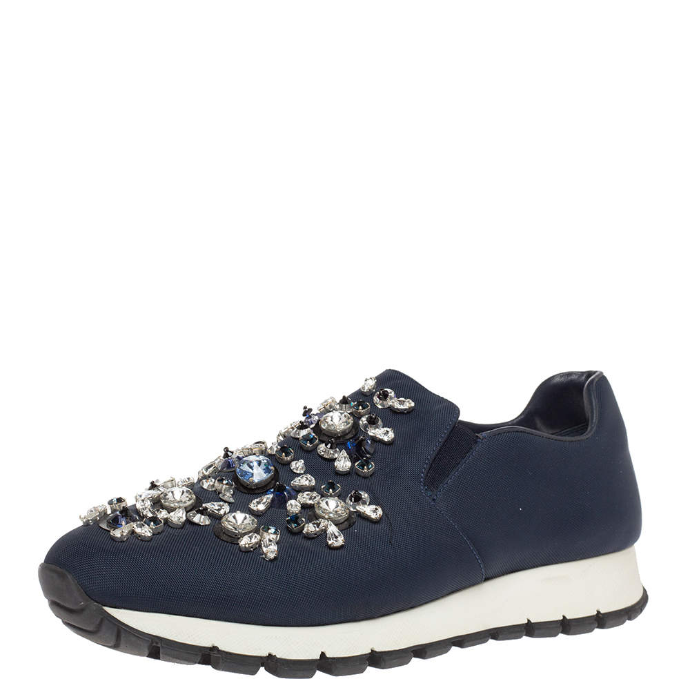 Prada Navy Blue Canvas Crystal Embellished Slip On Sneakers Size 39